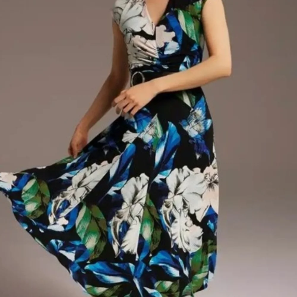 WHBM Green Blue Floral Midi Dress with Front Gathering Medium NWT 6280